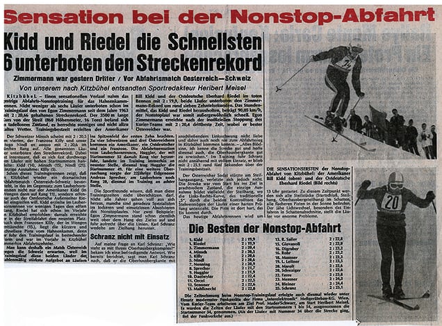 Zeitungsausschnitt „Sensation bei der Nonstop-Abfahrt, Kidd und Riedel die Schnellsten“