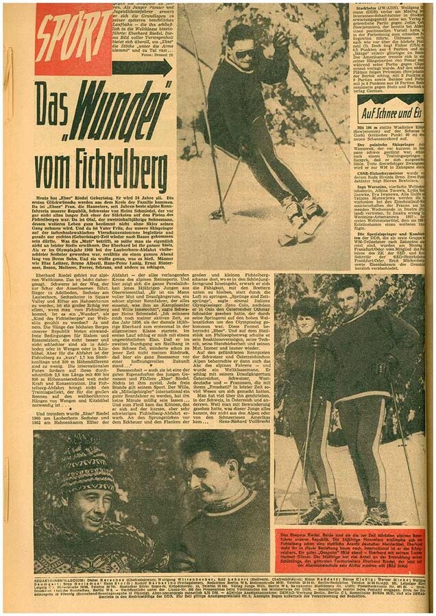 Zeitungsseite mit der Überschrift „Das Wunder vom Fichtelberg“ und Rennaufnahmen