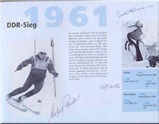 Gerahmte Urkunde zum DDR-Sieg in Adelboden 1961 mit Rennaufnahme