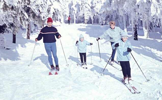 Die Familie Riedel auf Langlaufskiern im verschneiten Wald am Fichtelberg