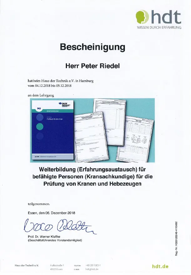 Bescheinigung des Haus der Technik über die Weiterbildung für befähigte Personen zur Prüfung von Kranen und Hebezeugen, Hamburg, Dezember 2018