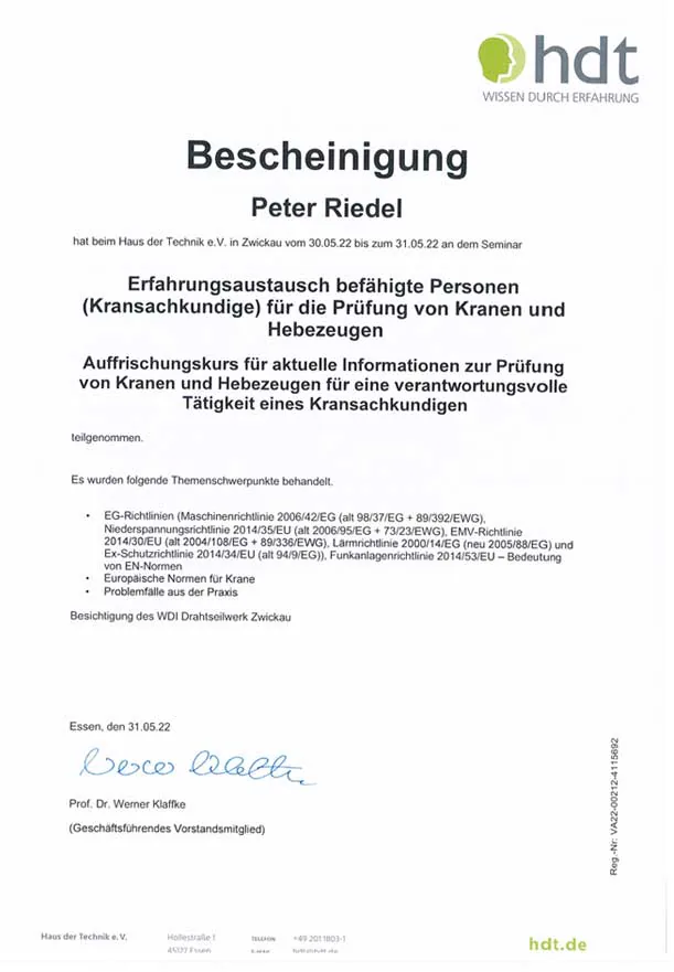 Bescheinigung des Haus der Technik über den Erfahrungsaustausch für befähigte Personen zur Prüfung von Kranen und Hebezeugen, Zwickau, Mai 2022