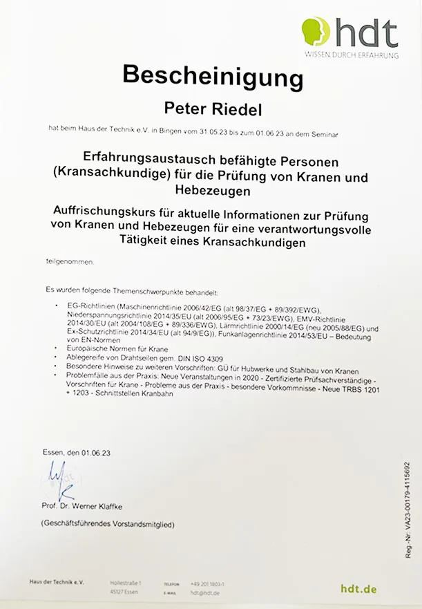 Bescheinigung des Haus der Technik über den Erfahrungsaustausch für befähigte Personen zur Prüfung von Kranen und Hebezeugen, Bingen, Mai 2023