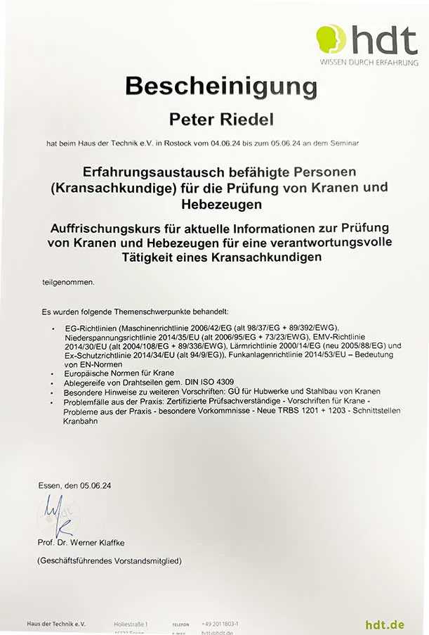 Bescheinigung des Haus der Technik über den Erfahrungsaustausch für befähigte Personen zur Prüfung von Kranen und Hebezeugen, Rostock, Juni 2024