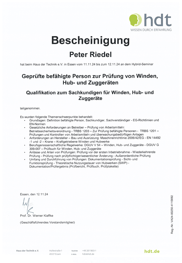 Bescheinigung des Haus der Technik über die Qualifikation zum Sachkundigen für Winden, Hub- und Zuggeräte, Essen, November 2024